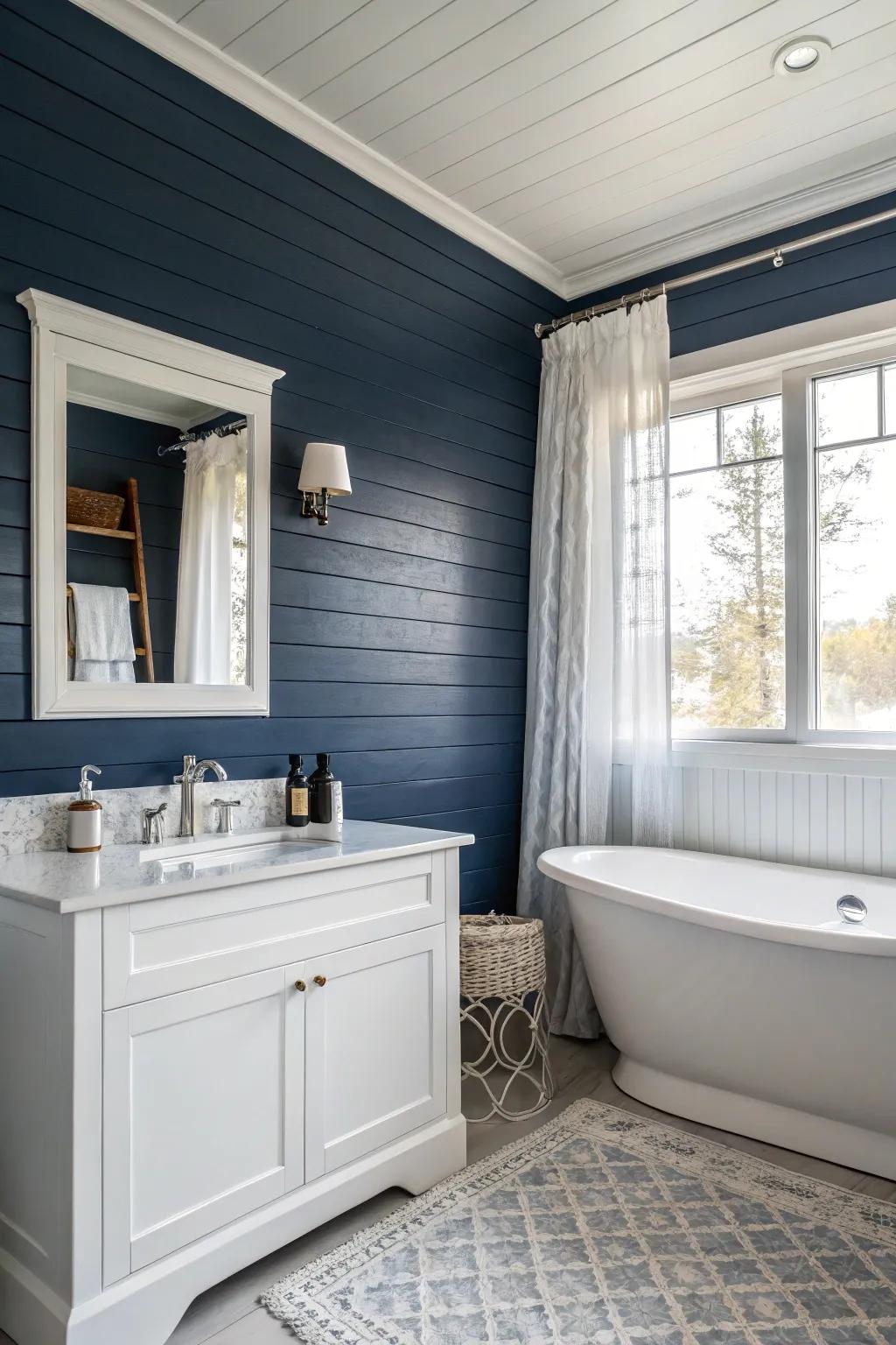 A bathroom featuring teal panel planks for a bold expression.
