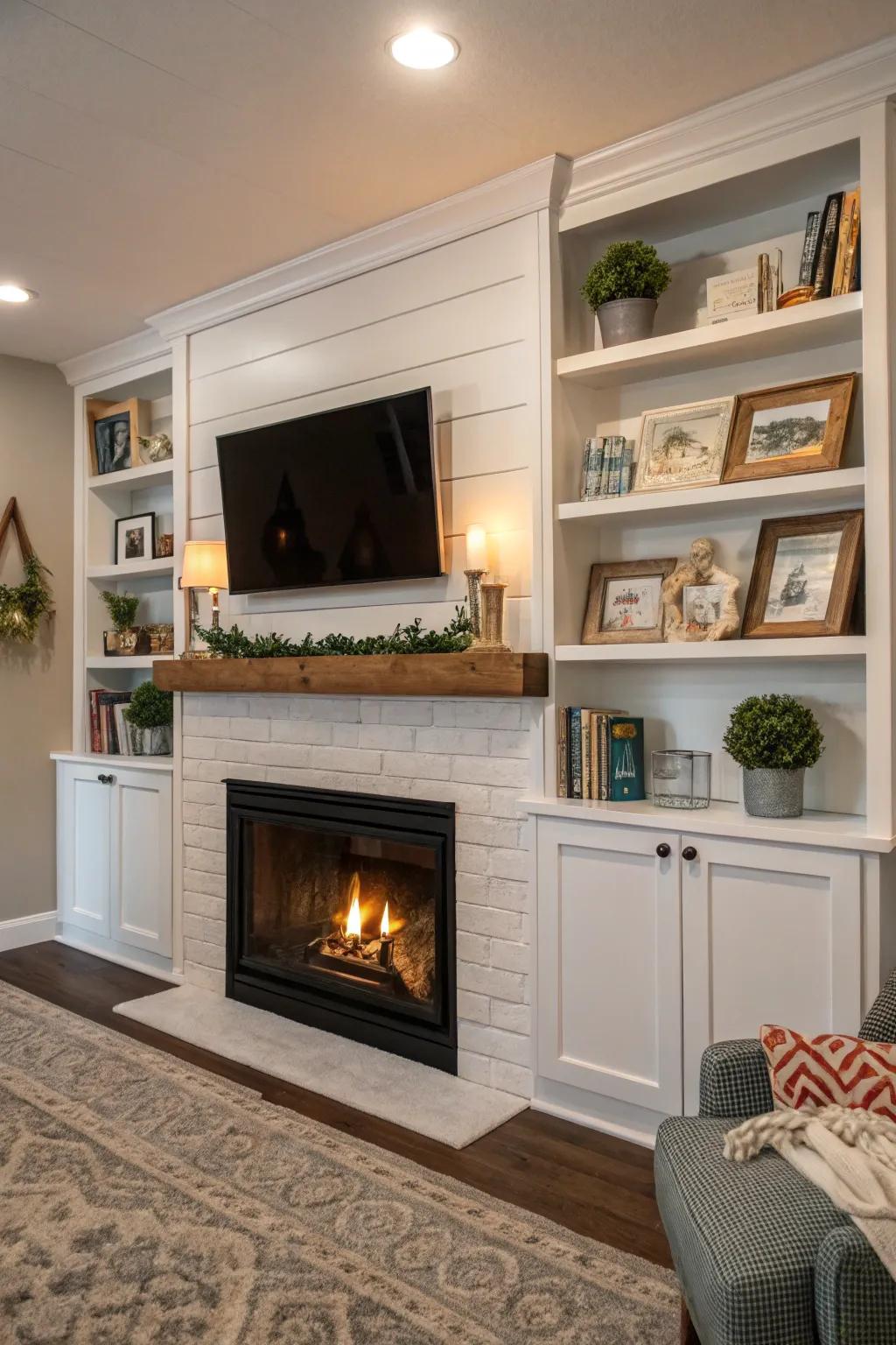 Built-in shelves add purpose and personal style to the shiplap fireplace.