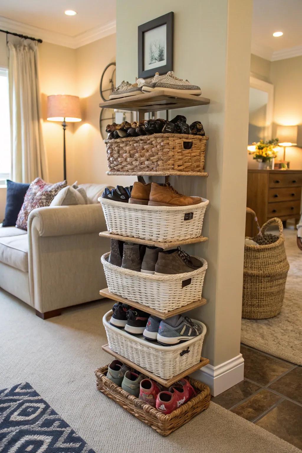 Basket columns provide a stylish and practical solution for footwear storage.