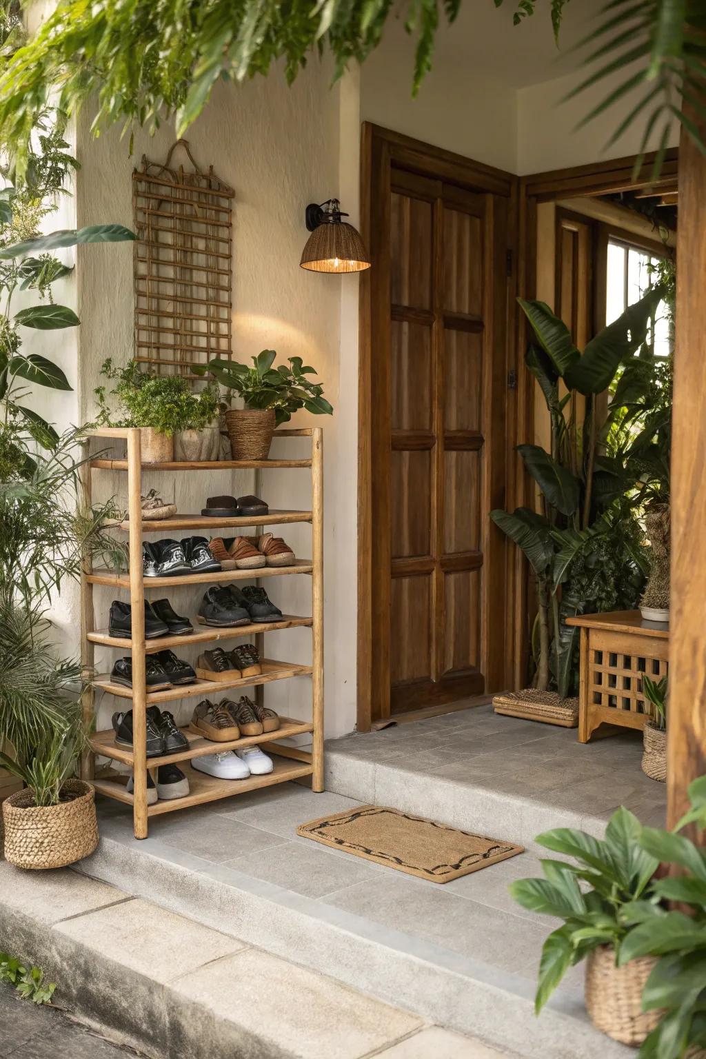 Eco-friendly bamboo racks bring natural elegance to the entryway.
