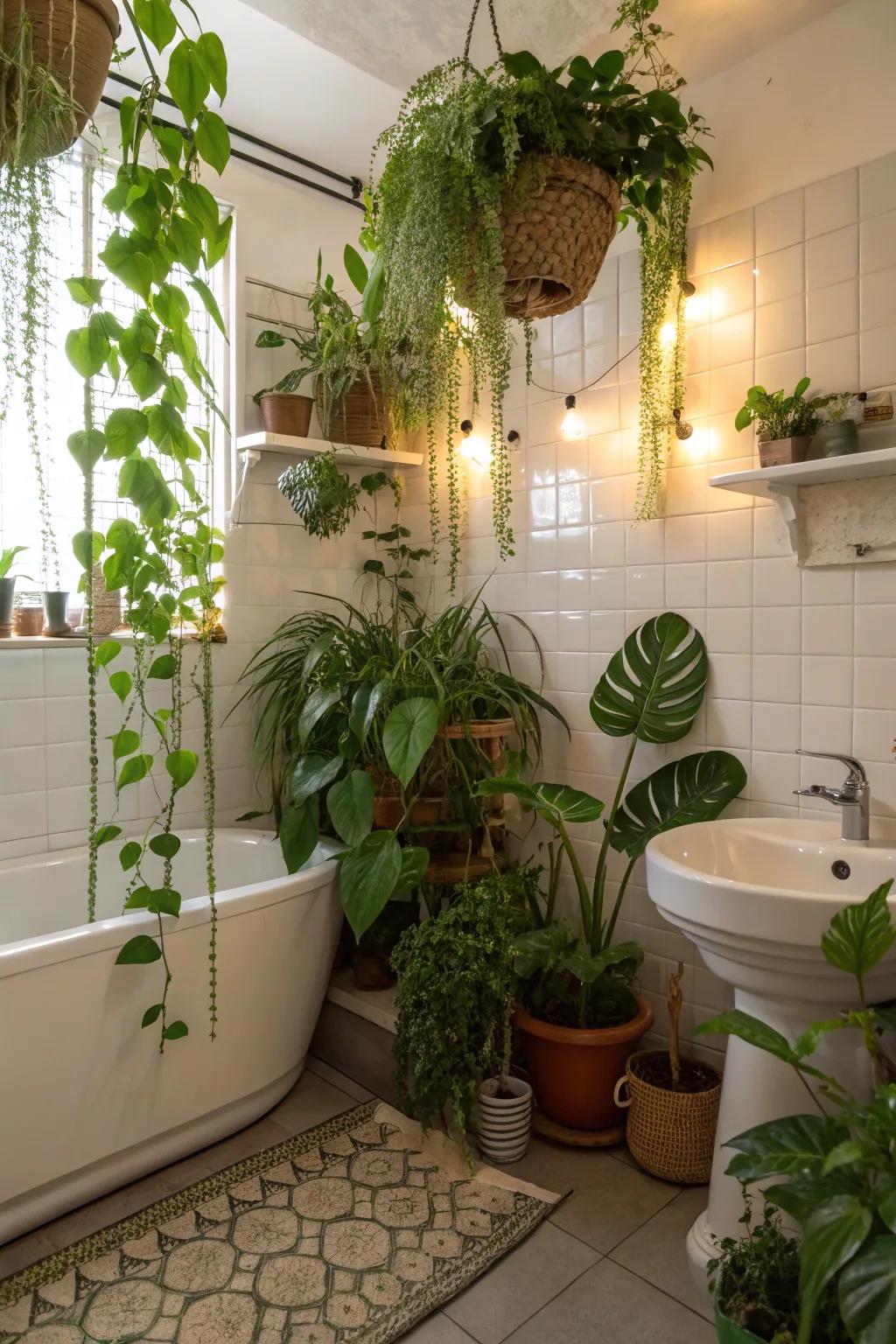Plants adding a refreshing touch to the restroom.