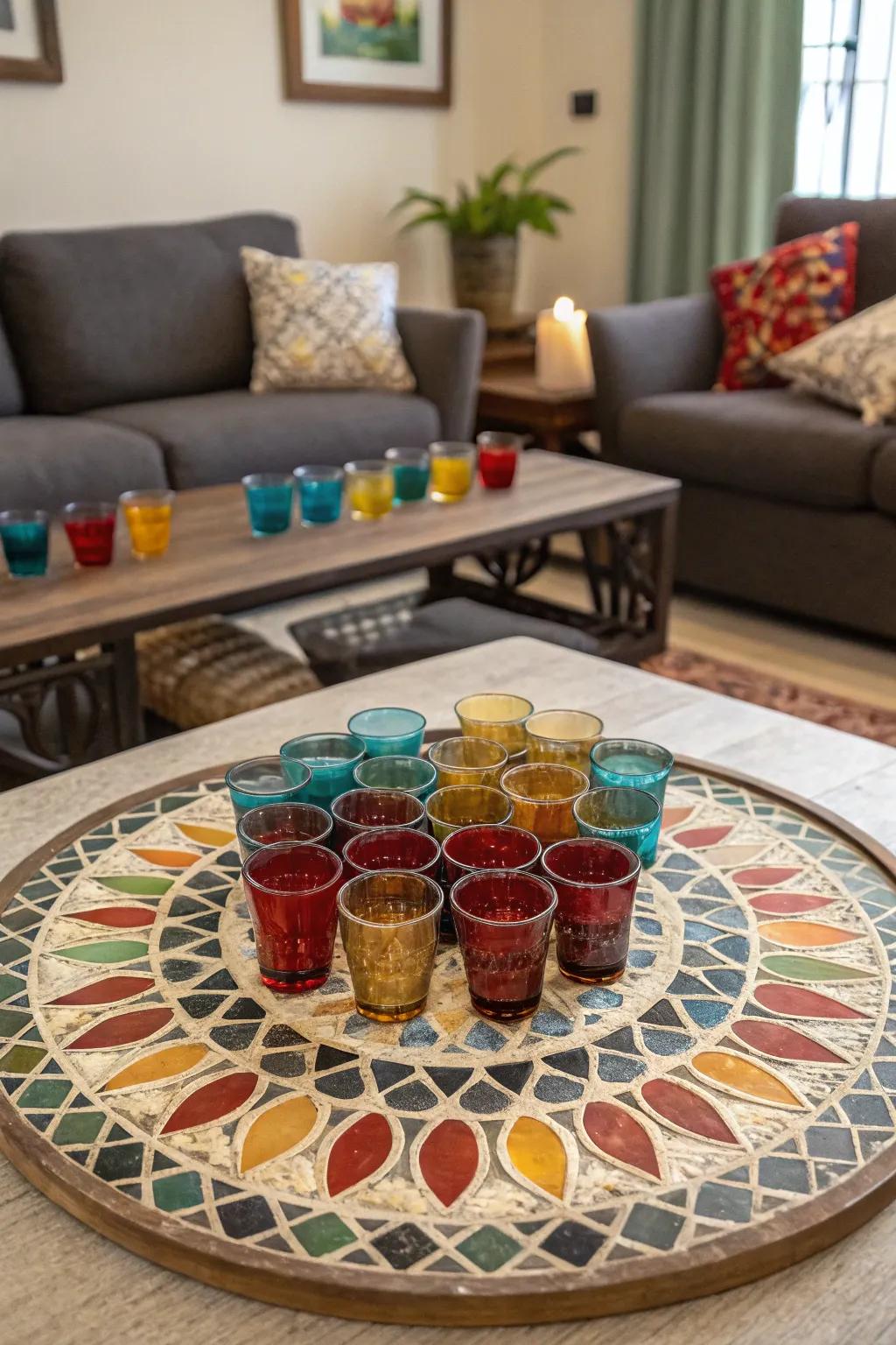 A living room showcasing a mosaic pattern of shot glasses as an artistic centerpiece.