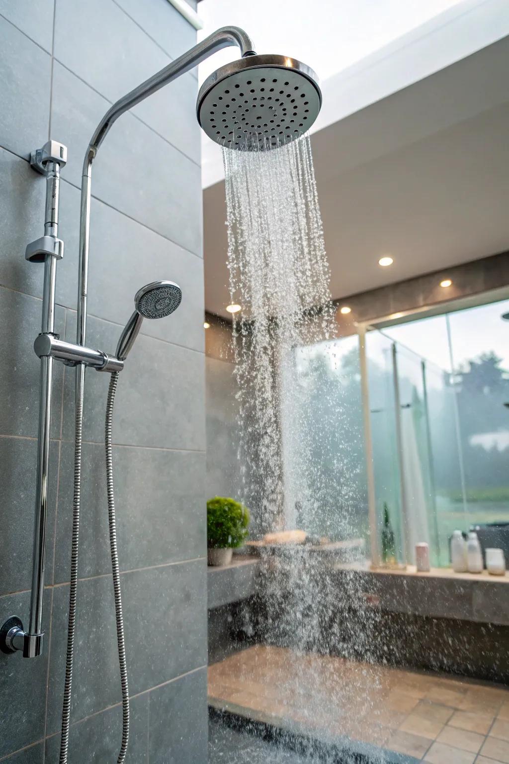 A shower showcasing playful water features like mini waterfalls.