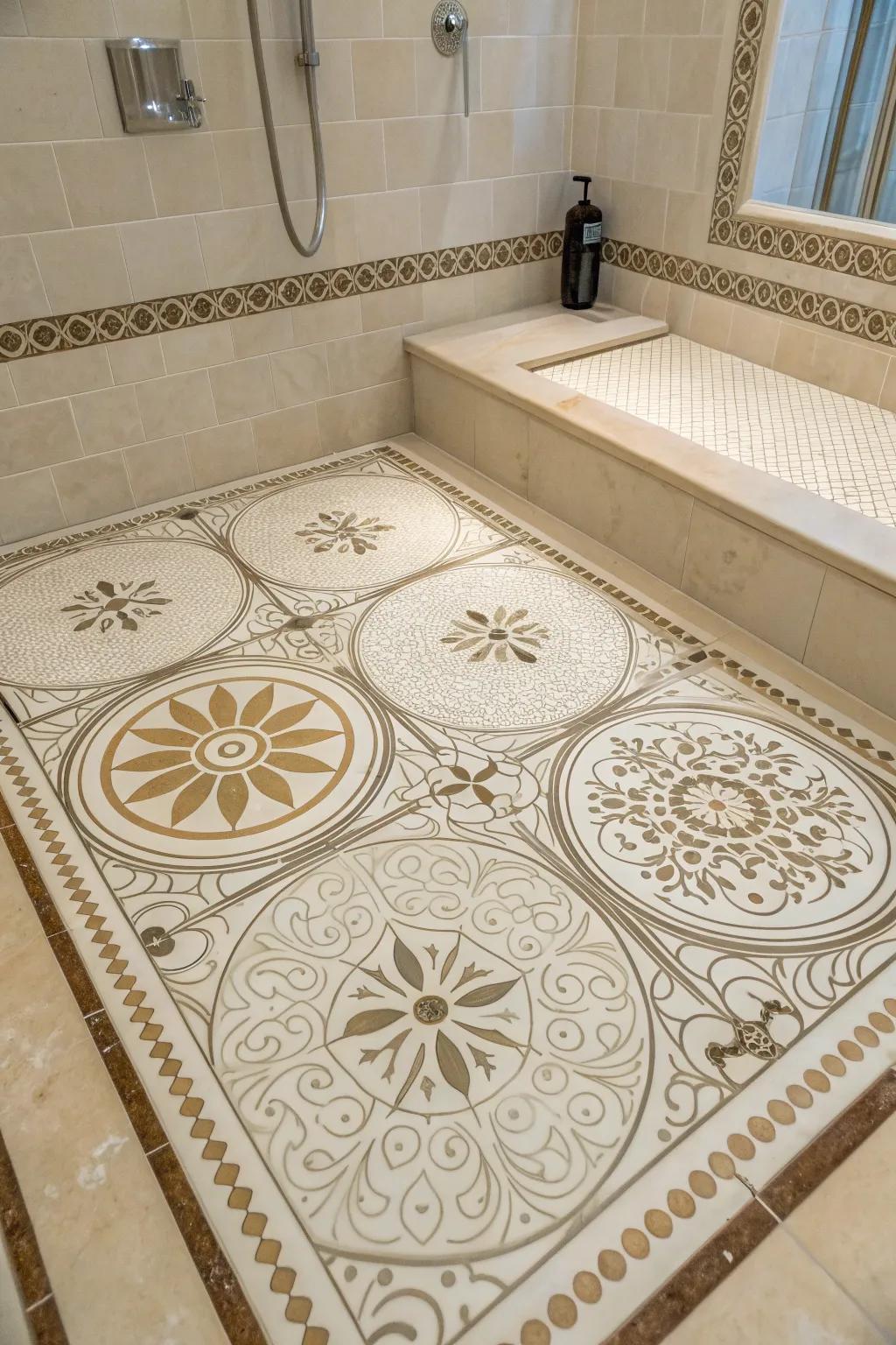 Intricate waterjet tile designs create an artistic and high-end look on this shower pan.