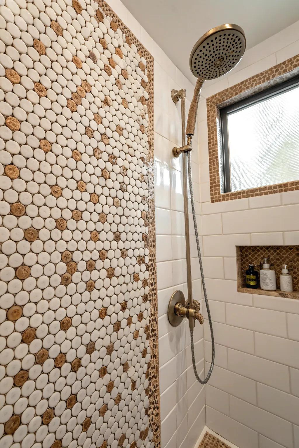 Round coin tiles offer a playful and charming design element.