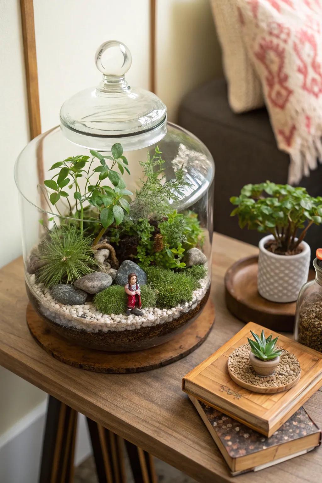 A side table featuring a charming miniature garden.