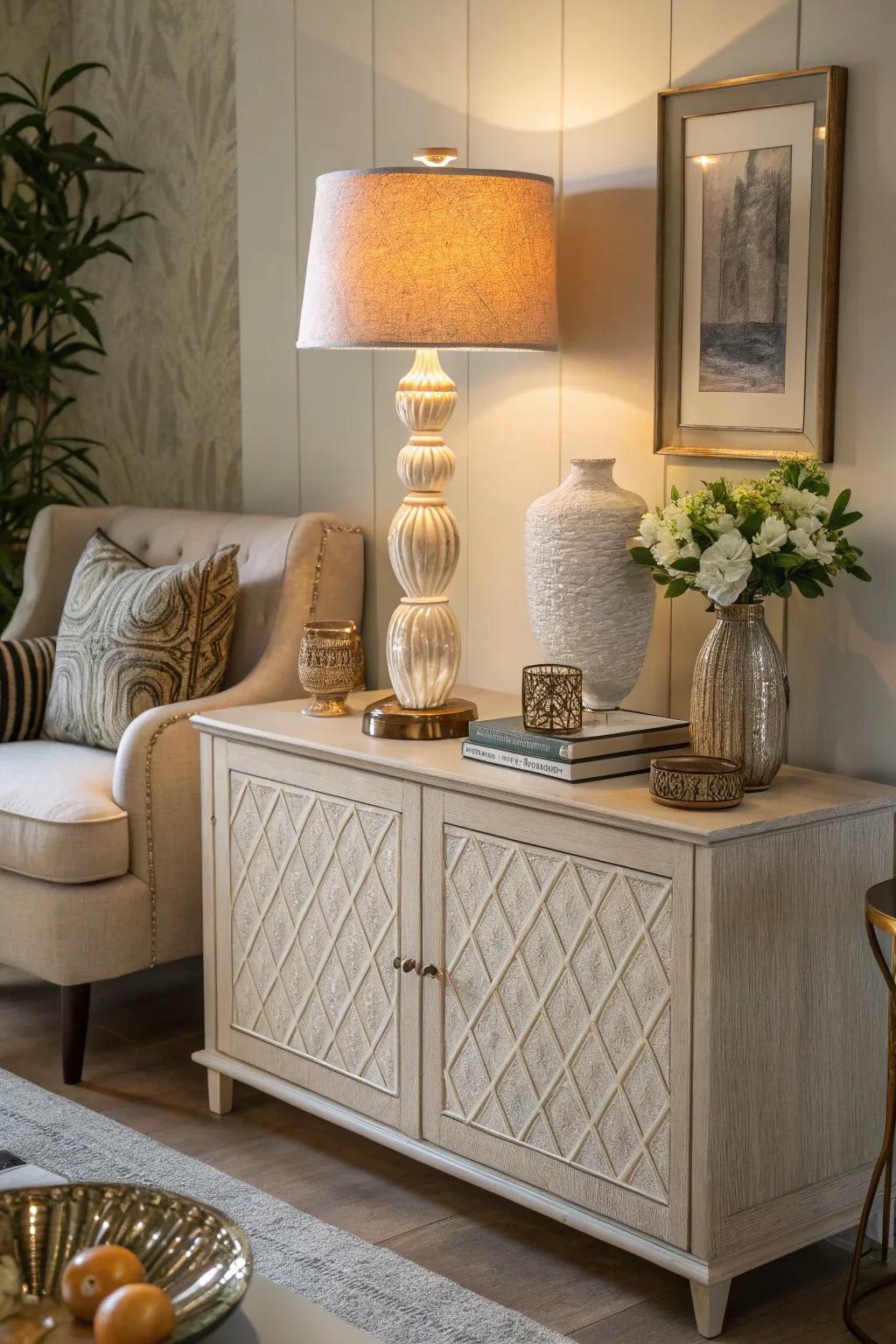 A desk lamp on a credenza provides both functional and stylish illumination.