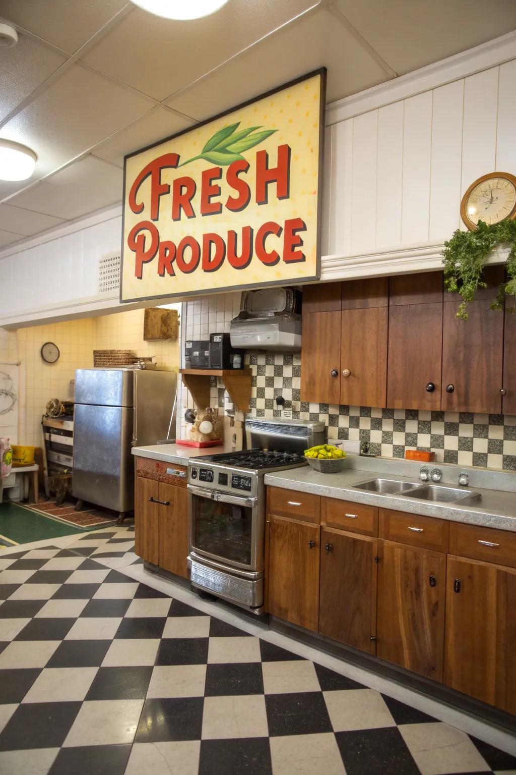 A retro-styled culinary space featuring a timeworn 'Fresh Harvest' bazaar plaque.