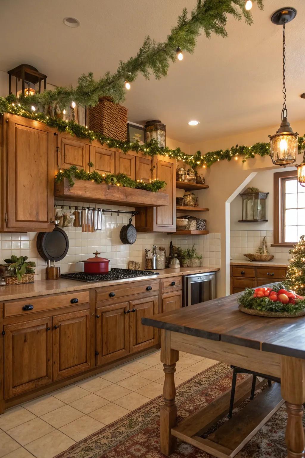 Strands create a holiday framework in the kitchen.