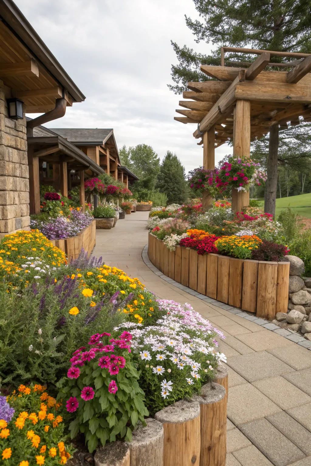 Wooden accents add rustic charm and warmth to this flower bed.