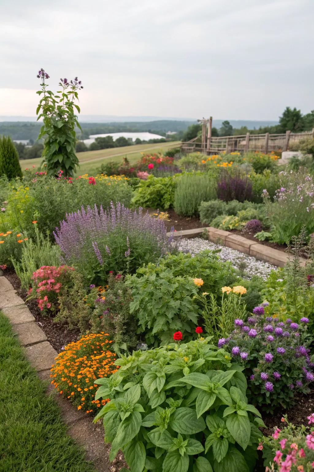 A cultivated garden blending beauty with practicality.