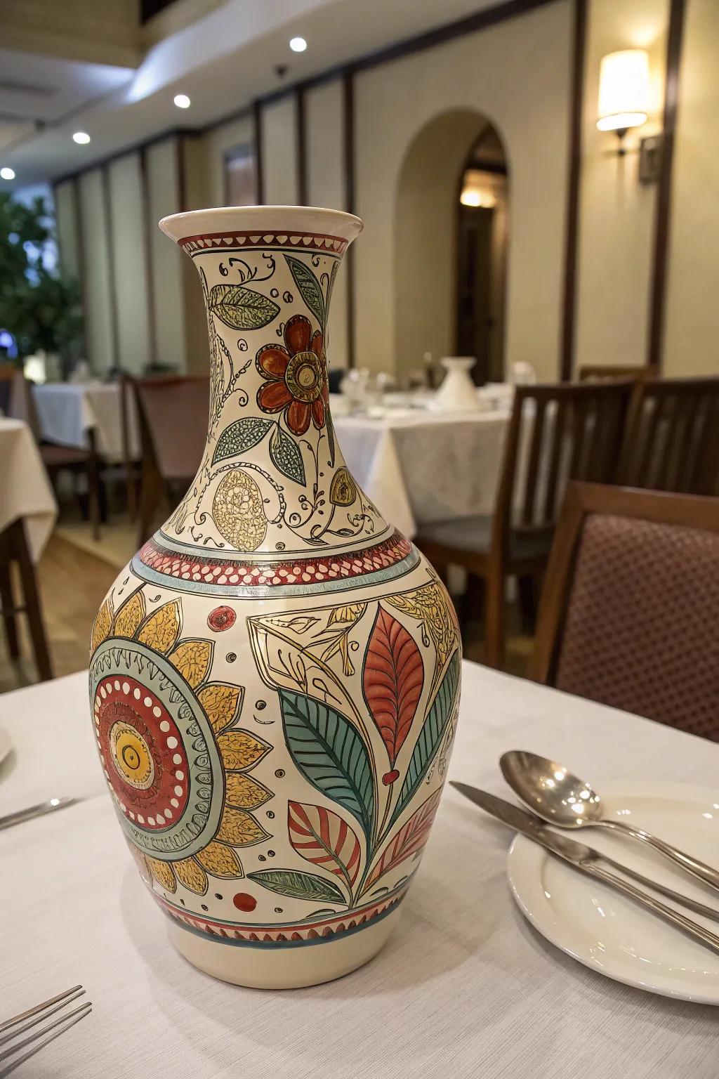 A painted fractal design transforms a simple ceramic vase into art.