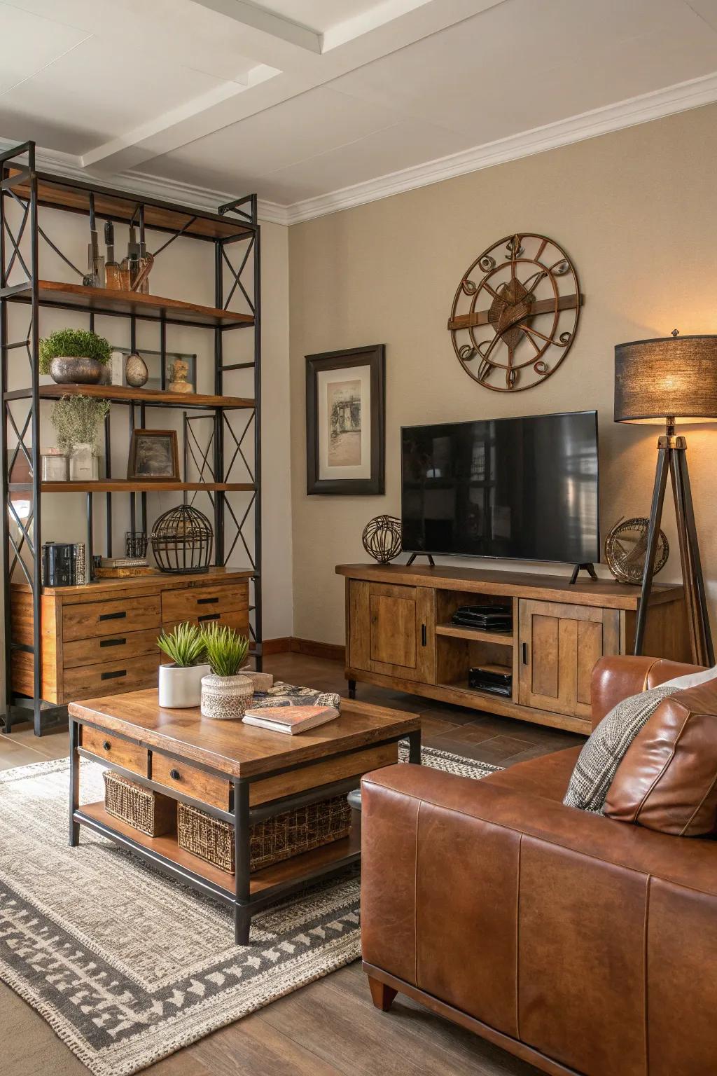 Mixing materials like wood and metal adds depth to the living area.