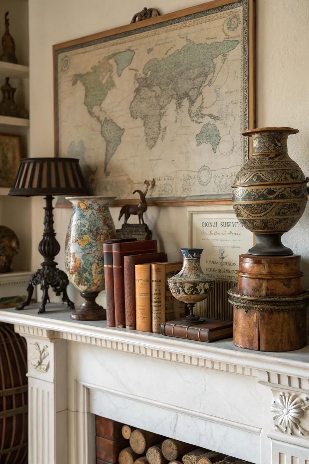 Unexpected elements give this mantel an intriguing twist.