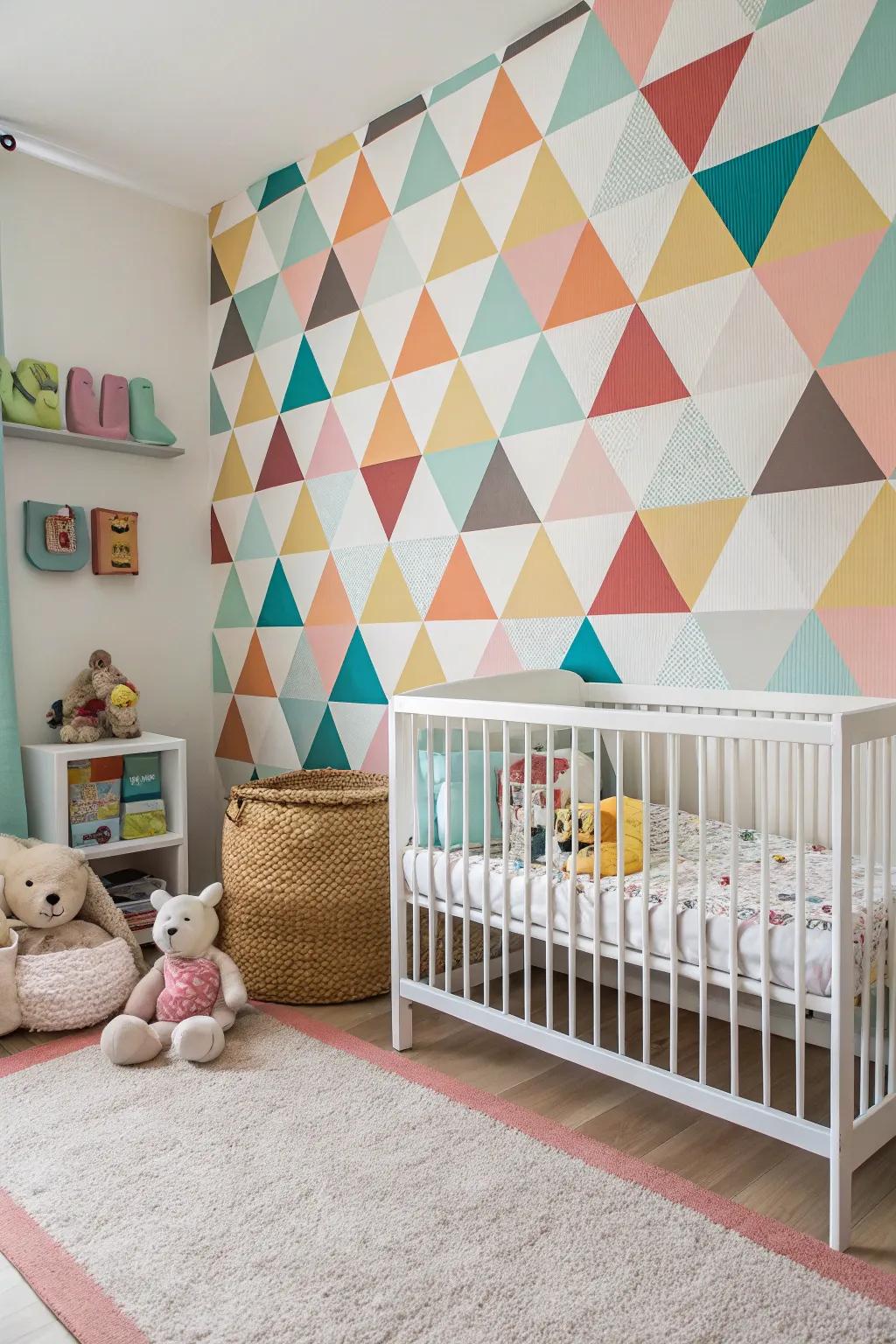 An accent wall with geometric designs adds visual interest.