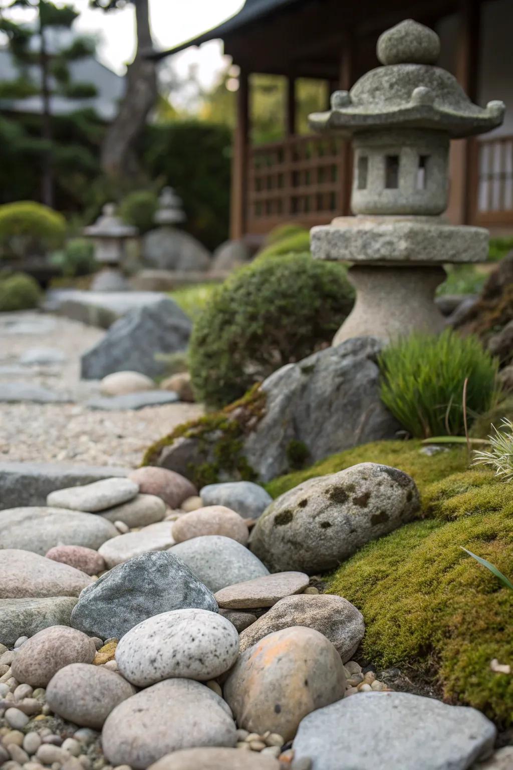 Layered rocks add depth and texture to garden landscapes.