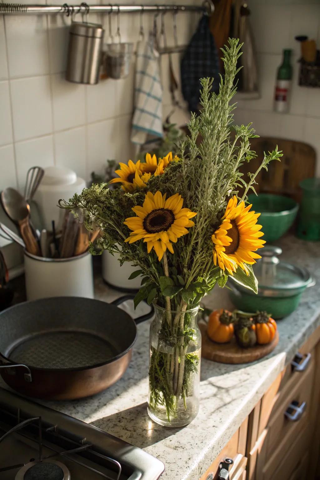 Sunflowers and fresh herbs make a delightful and aromatic combination.