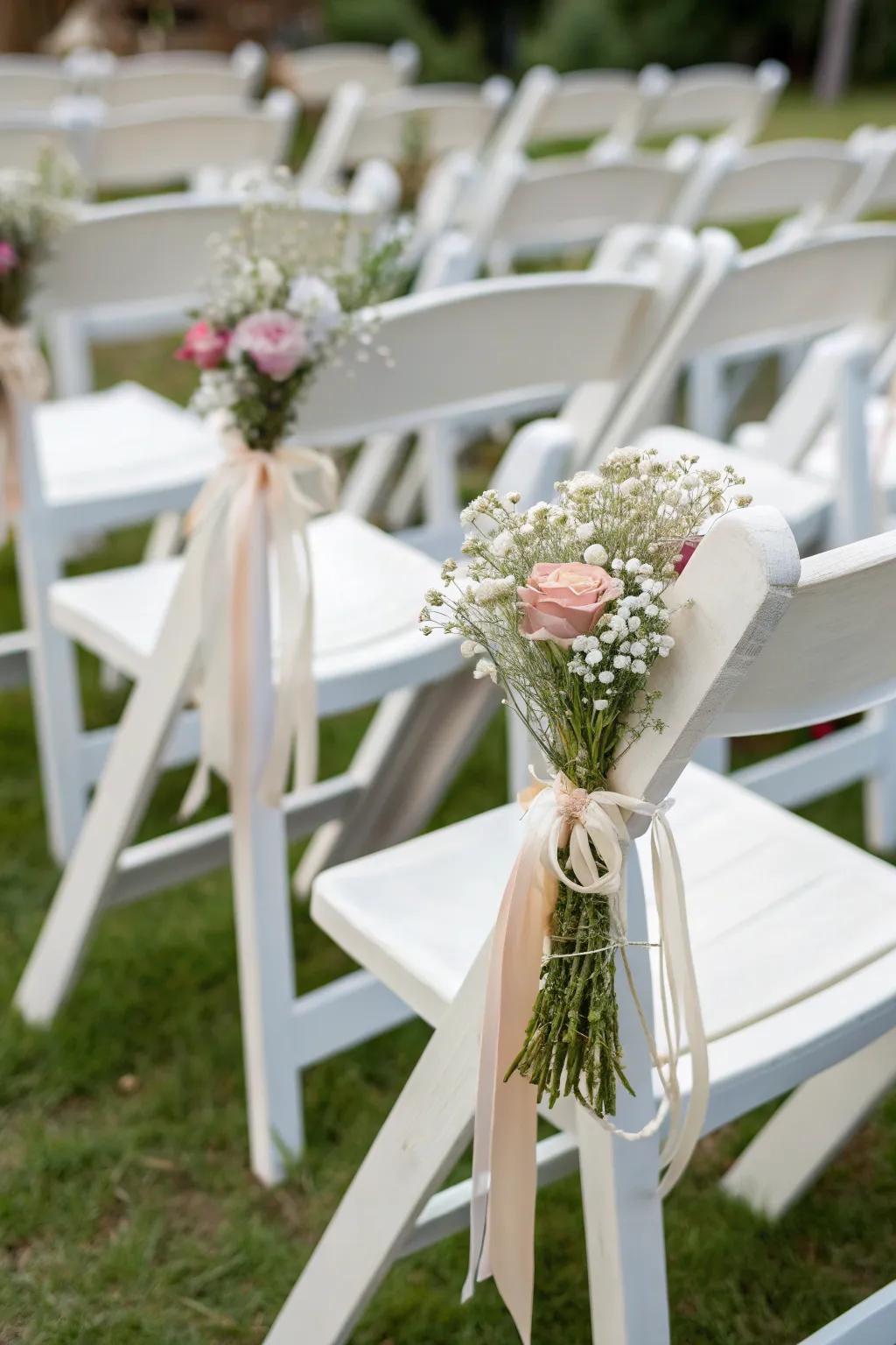 Simple ribbons and florals elegantly decorate wedding chairs.