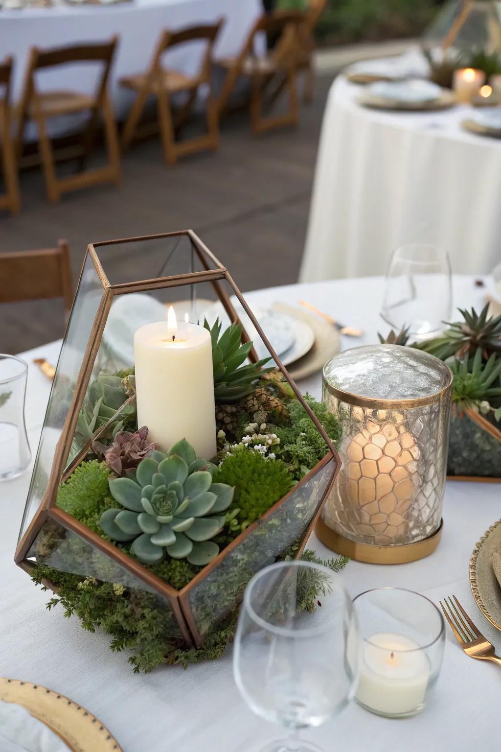 Geometric terrariums contribute a modern-day touch to the decorations.