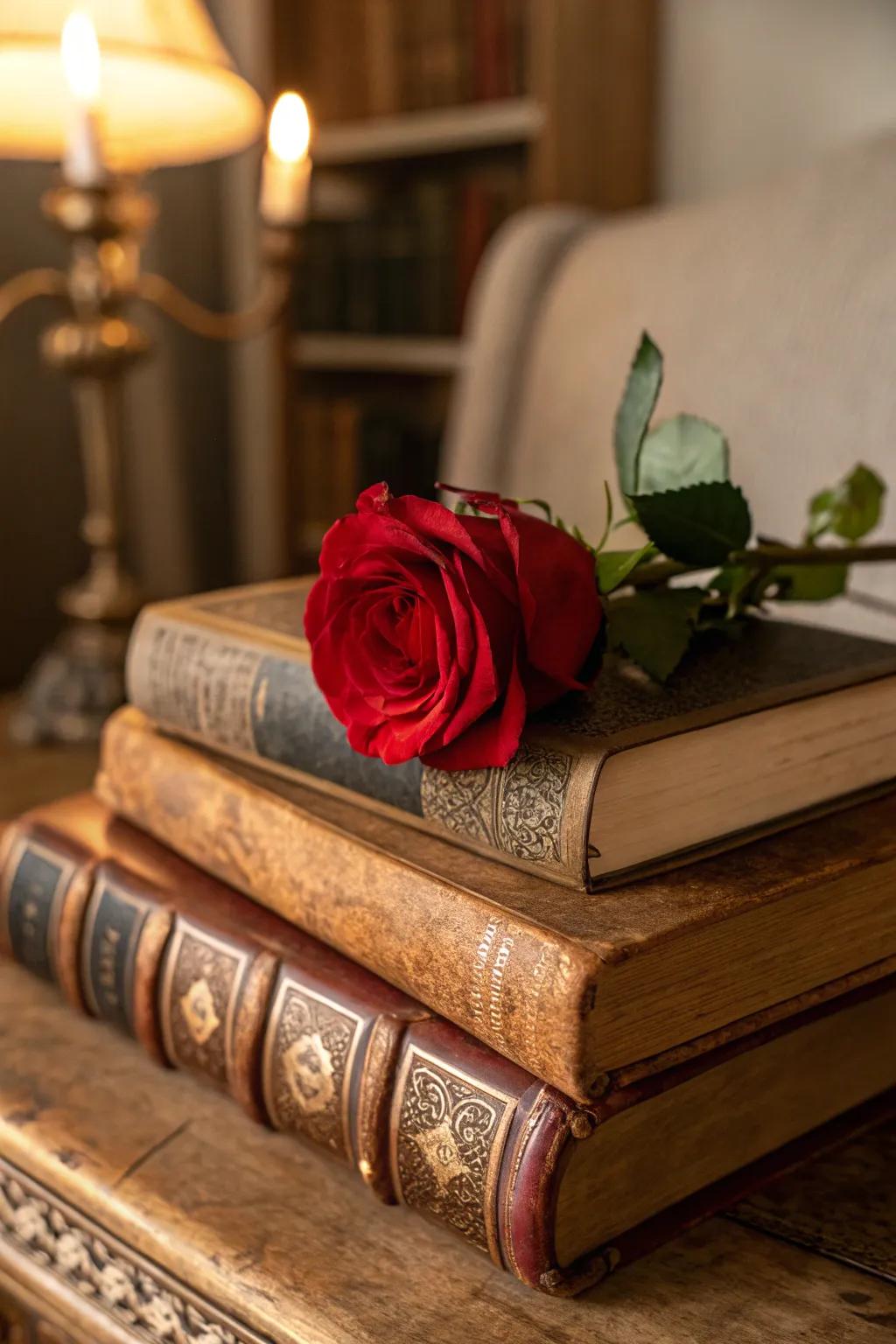 A rose displayed on texts imparts a literary charm to your design.