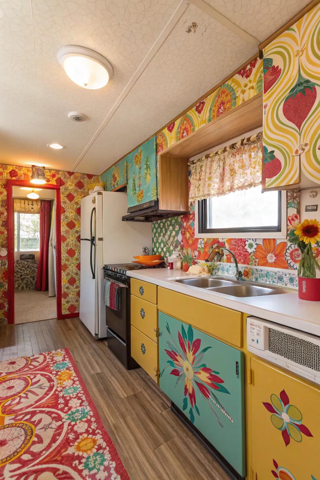 Patterned wall covering makes a bold statement.