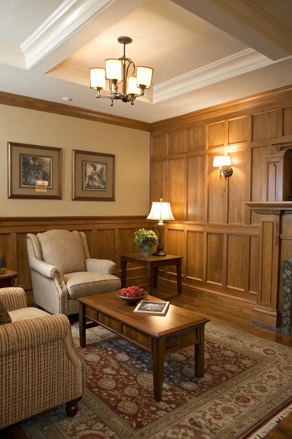 Wainscoting infuses lounging spaces with depth and elegance.