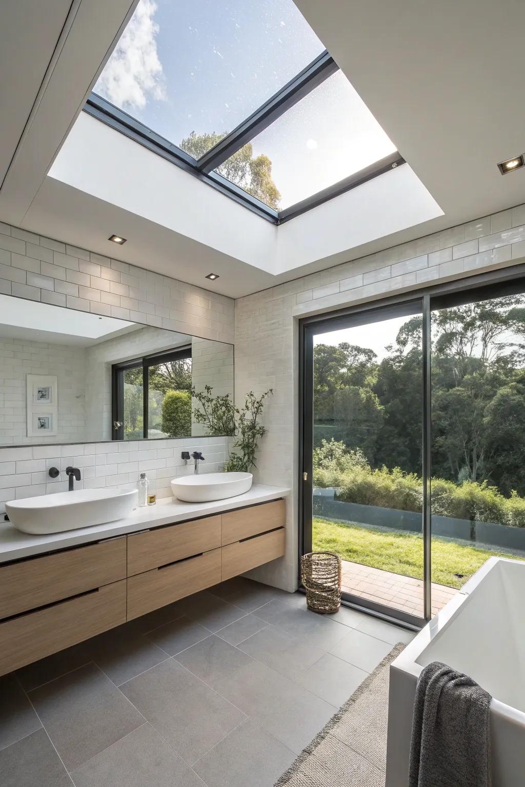 A bathroom with a skylight featuring invisible trim.