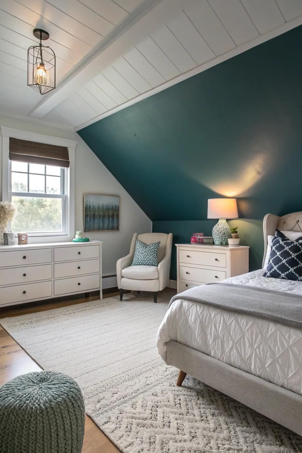 This chic bedroom’s gradient paint technique creates a beautiful optical illusion, giving the impression of more height and space.