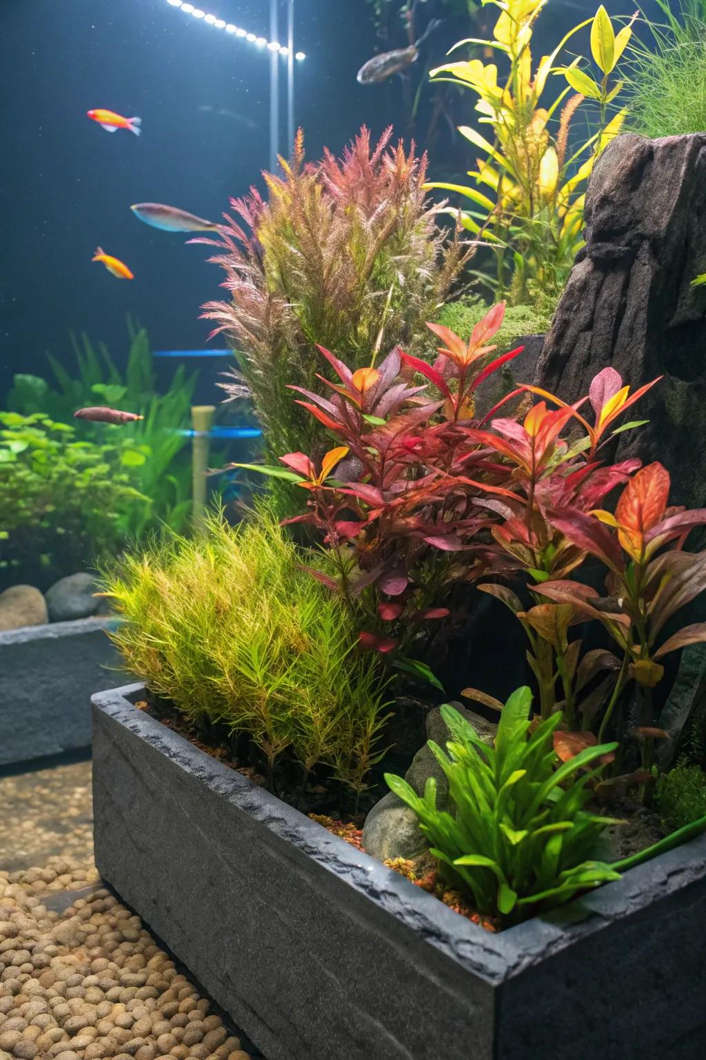 Lush mineral stone cultivators thriving within an aquarium.
