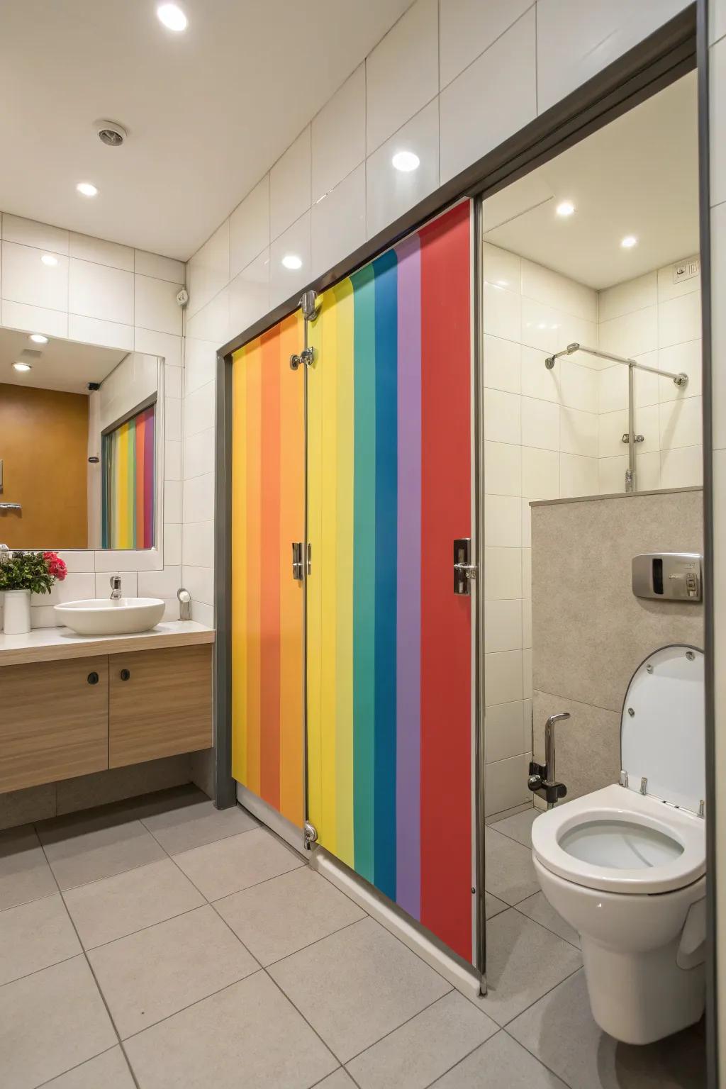 A vibrantly colored sliding door adds a playful and energetic splash to this bathroom.