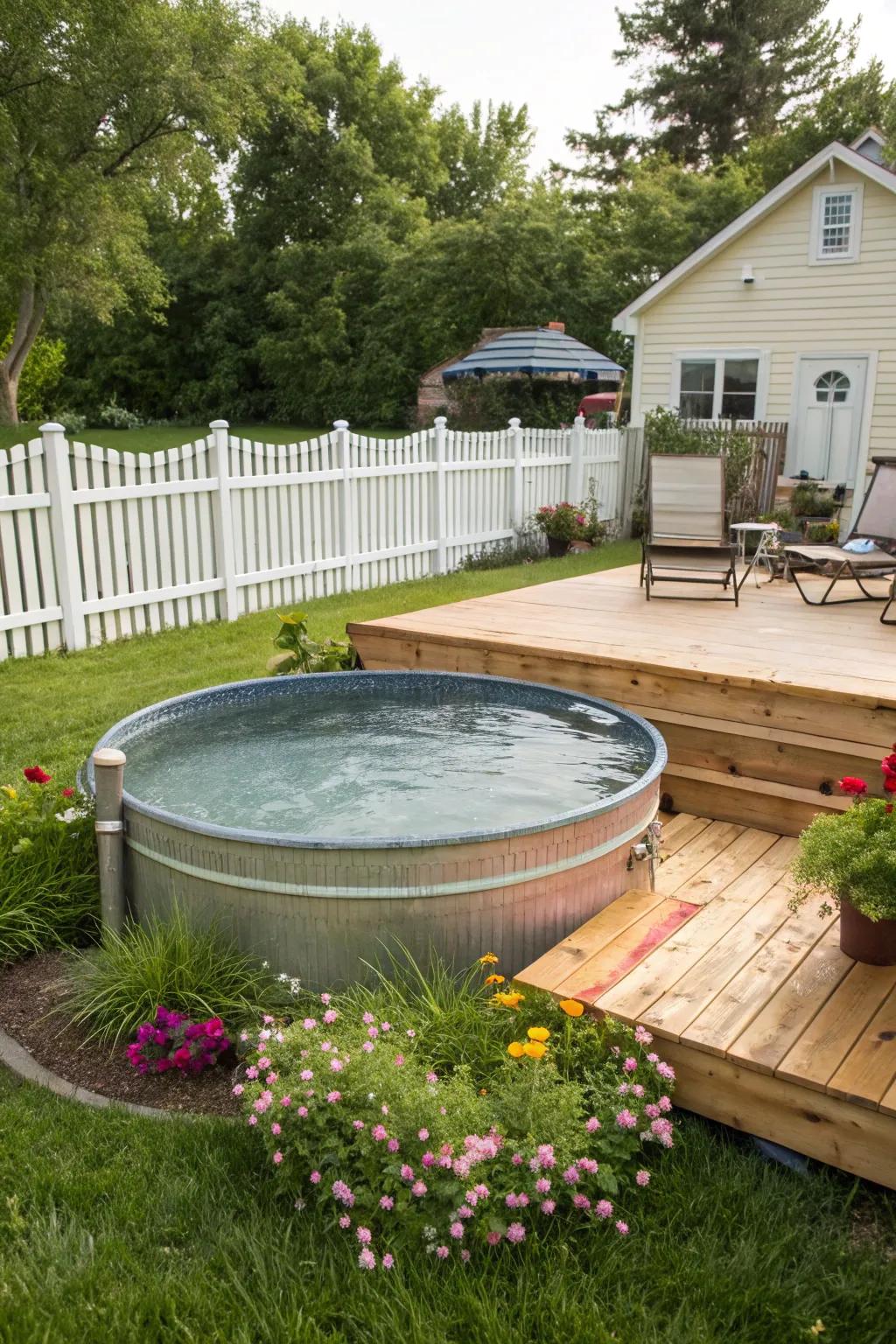 A chic stock tank pool that delivers budget-friendly allure.