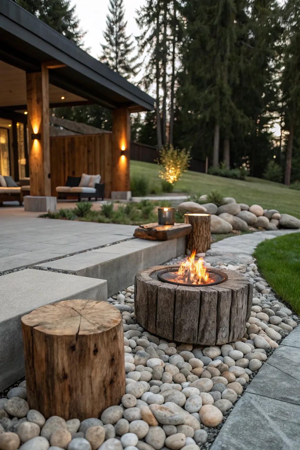 A blend of stone and wood materials fashions a balanced and stylish flame pit area.