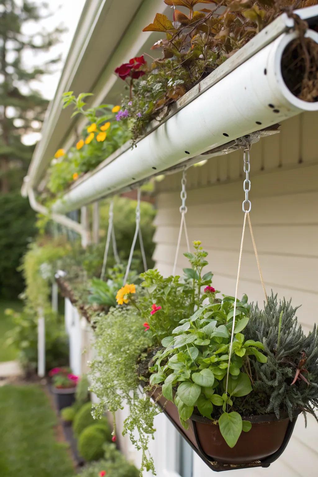 Creative use of vinyl gutters turns a wall into an attractive green space.