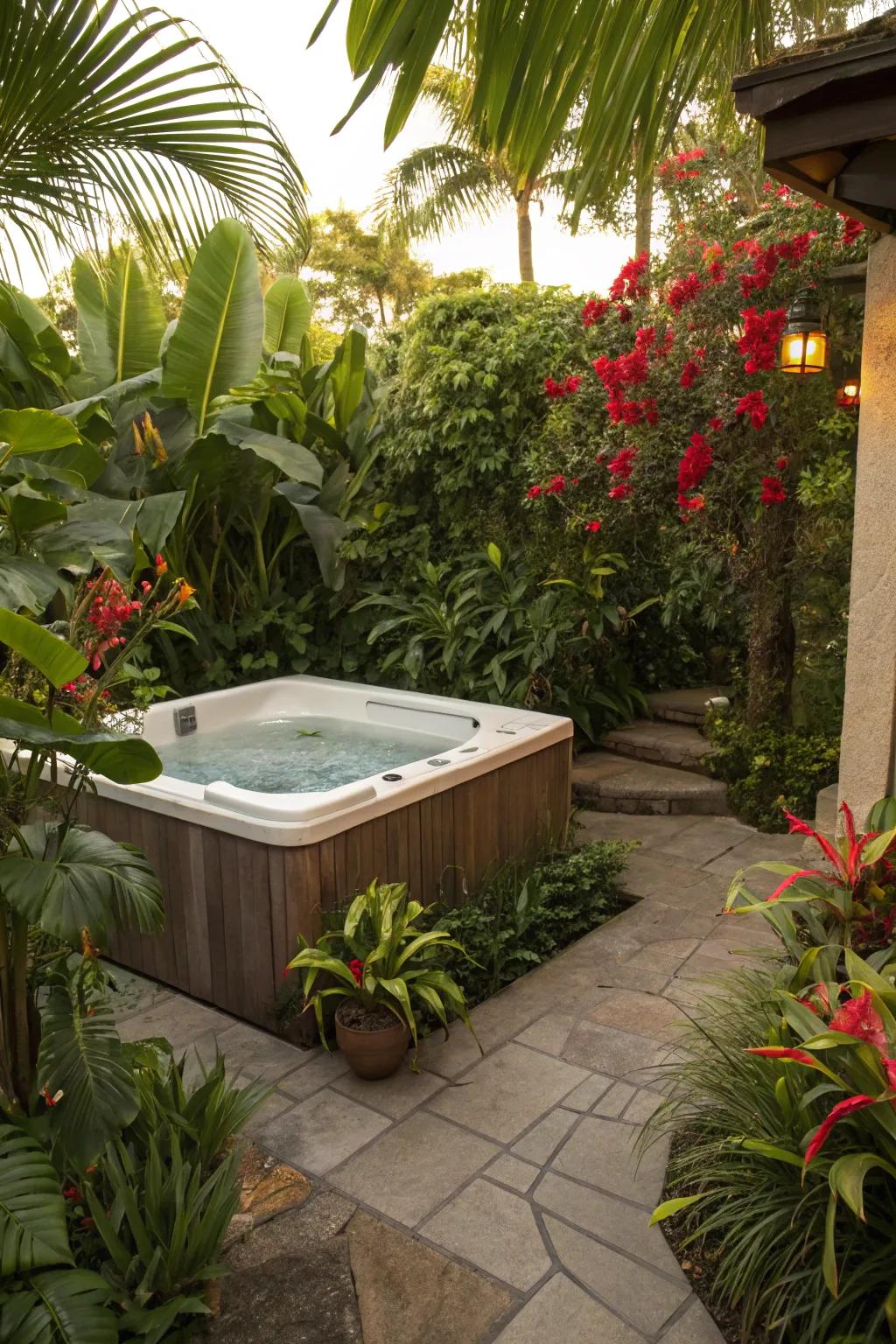 A soak station zone with tropical flora fashioning a relaxed, vacation-esque atmosphere.