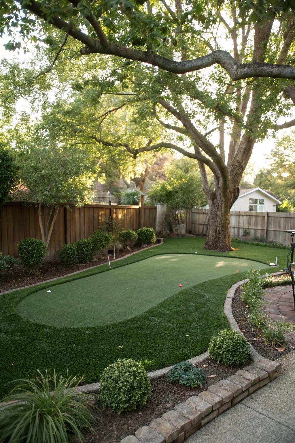A shaded putting green for coziness and style in a backyard.