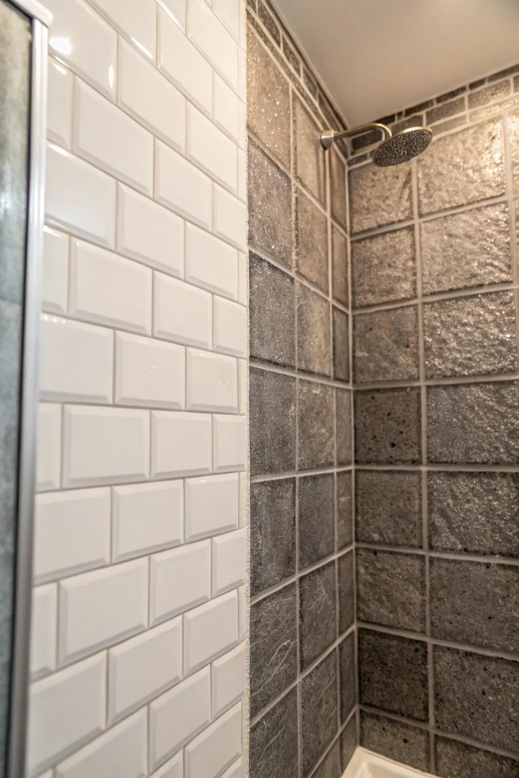 Pairing textures are excellent for sparking visual excitement in compact showers.