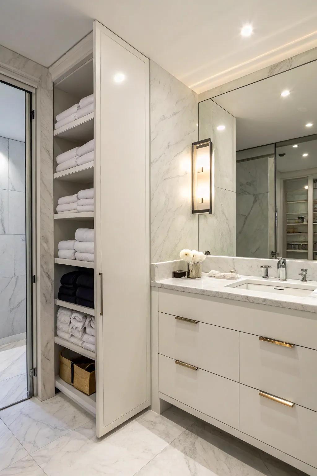 Keep towels discreetly stored with hidden cabinetry.