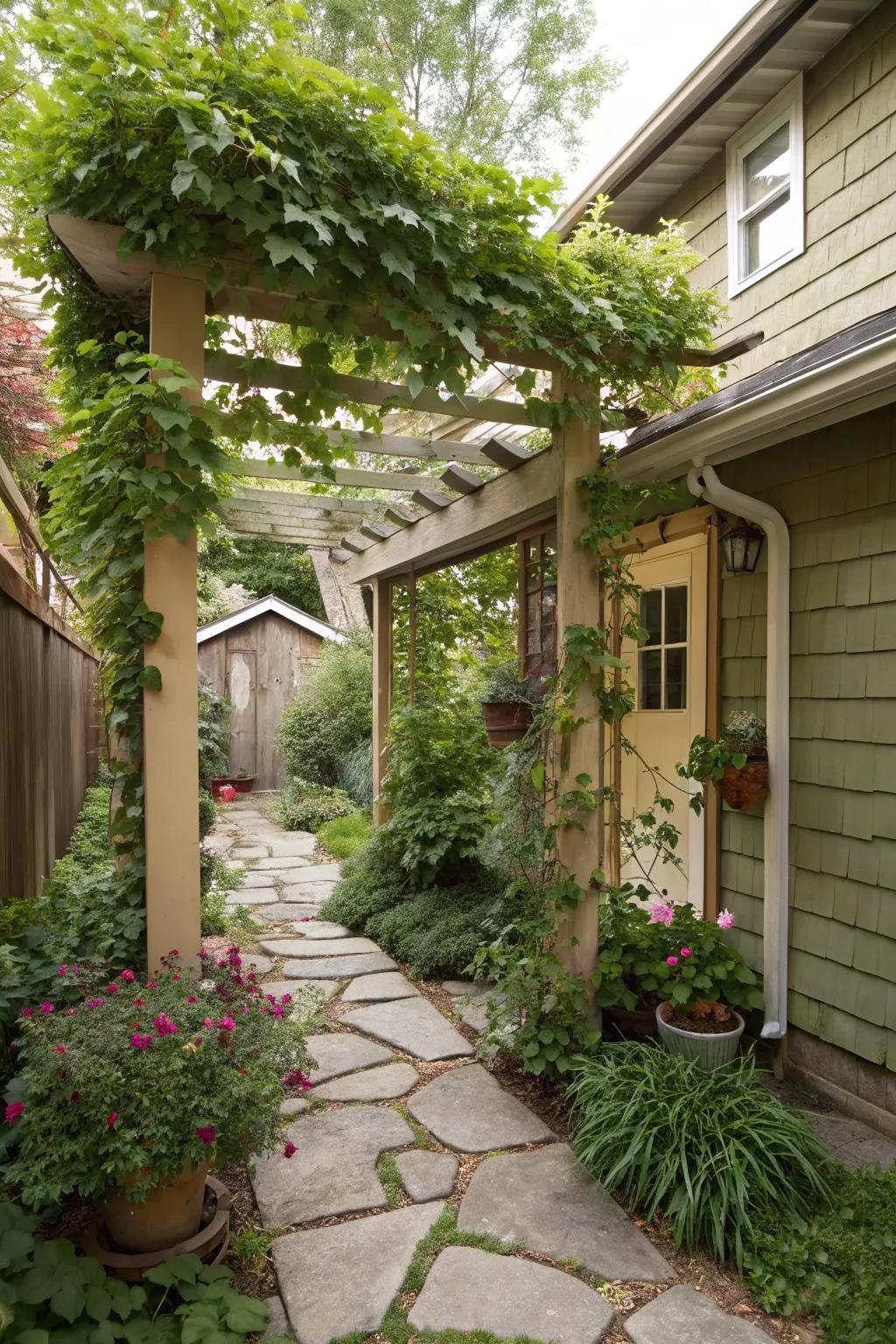 A DIY pergola offers shade and supports greenery.