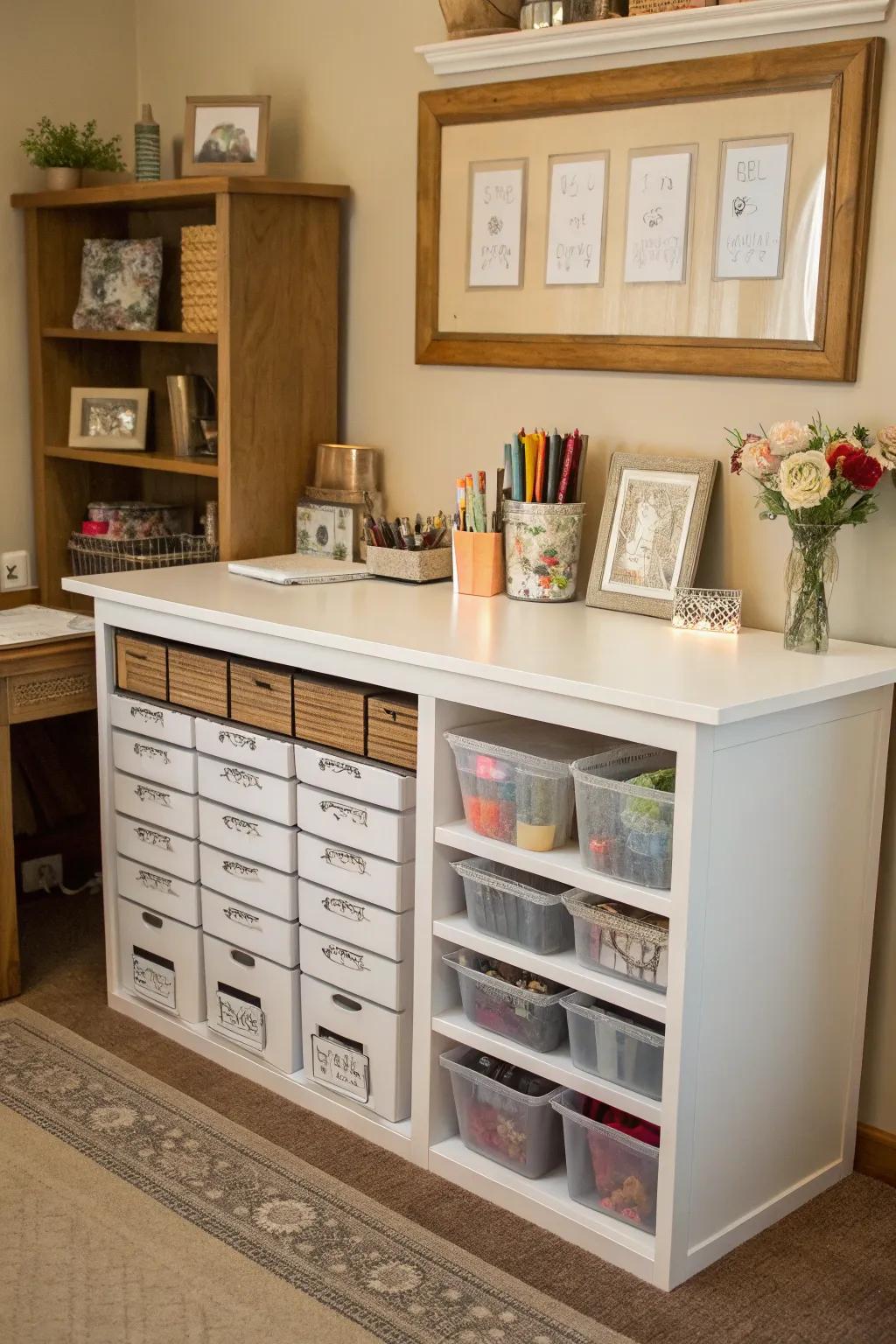 Under-desk storage maximizes area without adding to the clutter of the room.