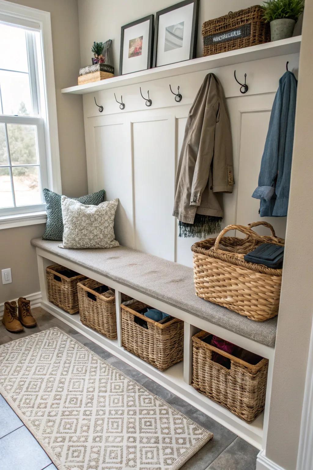 Woven baskets enhance warmth and organization.