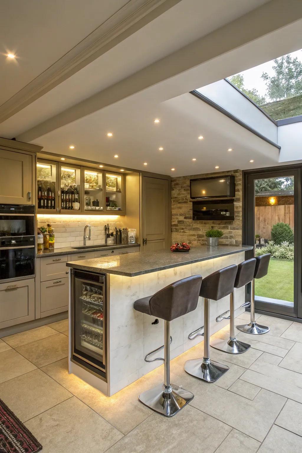 A kitchen extension featuring a multi-functional beverage center.
