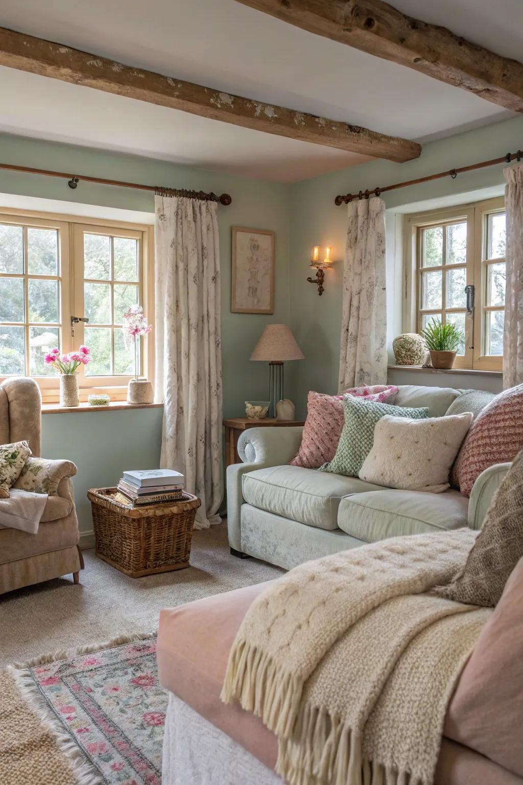 Layered textures deepen this welcoming cottage living space.