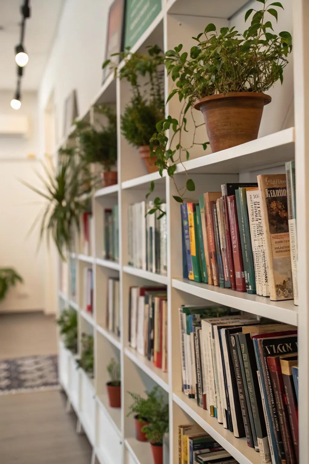 Greenery introduces a refreshing element to your book collection.