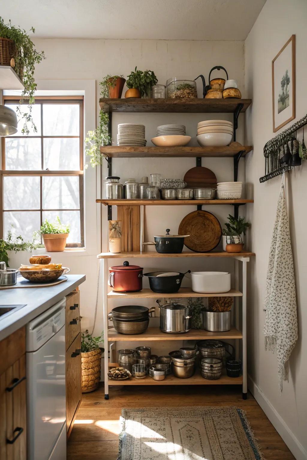 A small kitchen with stylish open shelving for an airy feel.