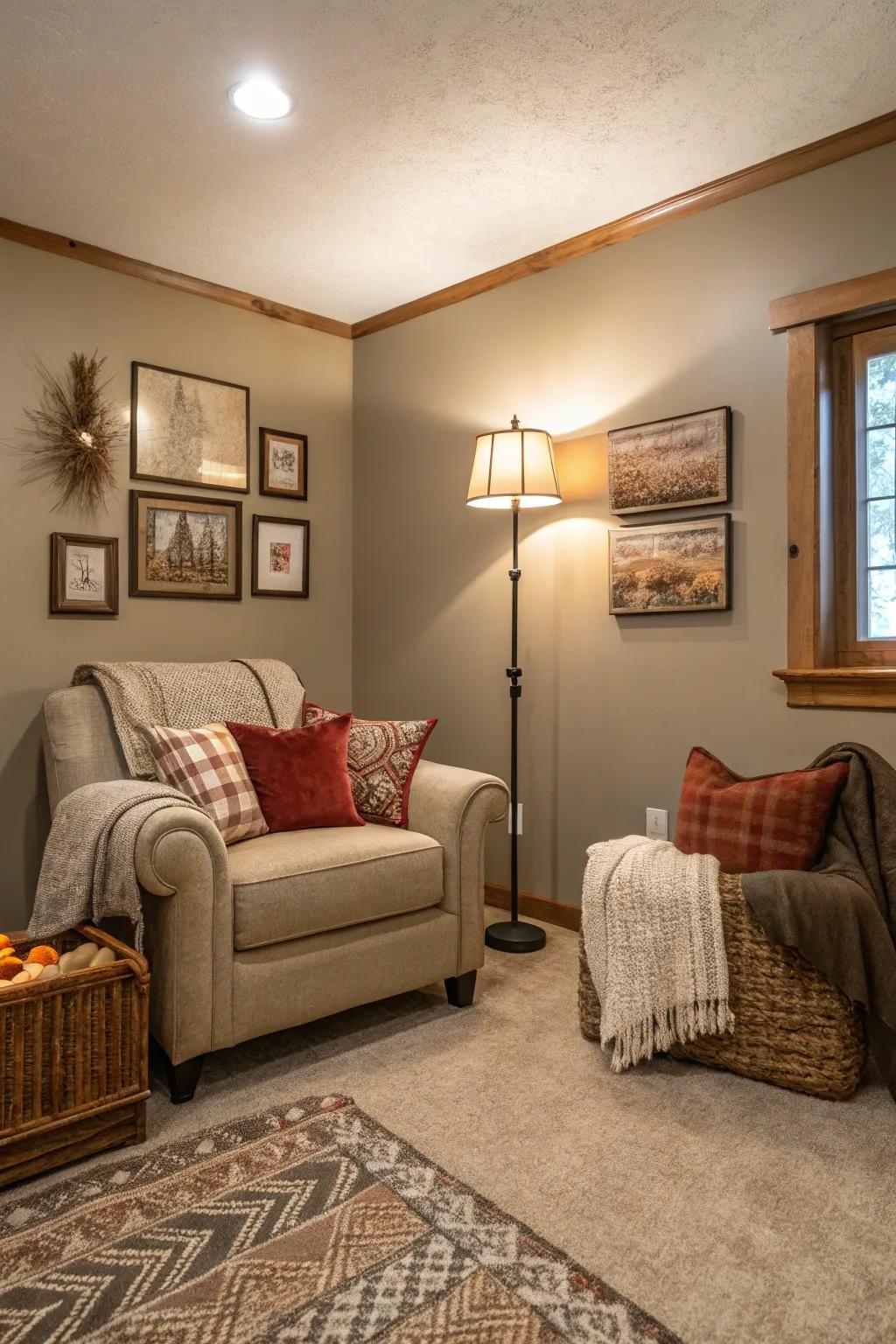 A compact living space with taupe walls that offers a cozy ambiance.