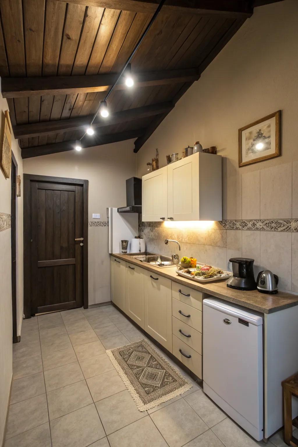 Deep tone roofs create a dramatic and intimate atmosphere in compact cooking areas.