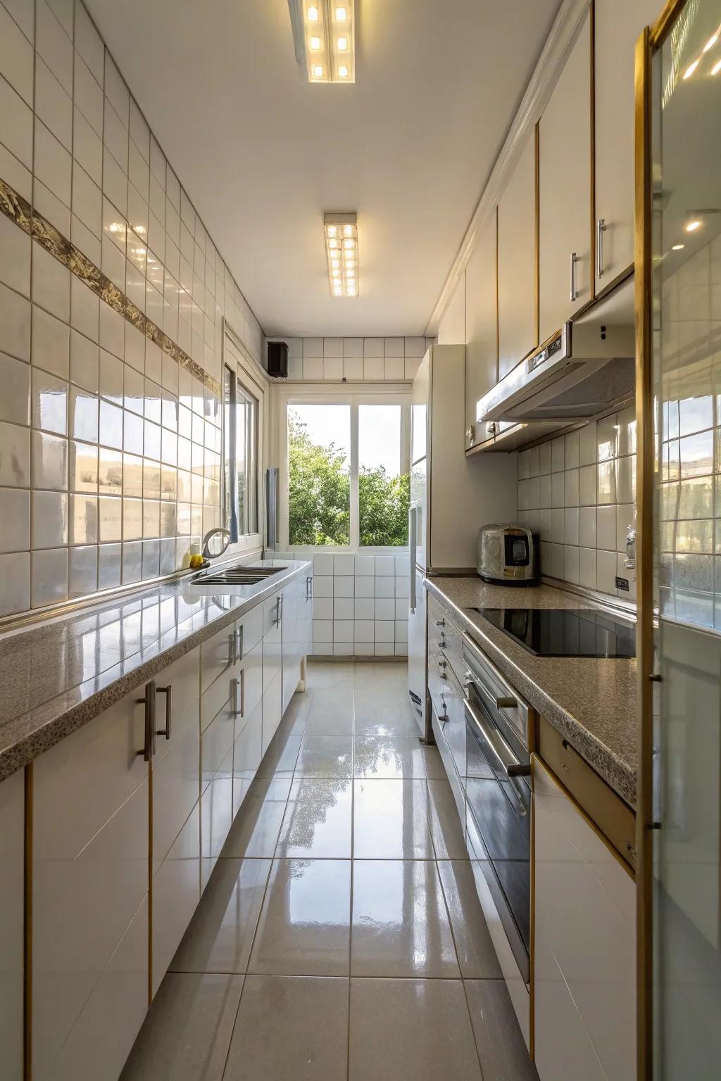 Reflective spots expand the visual place in a small kitchen.