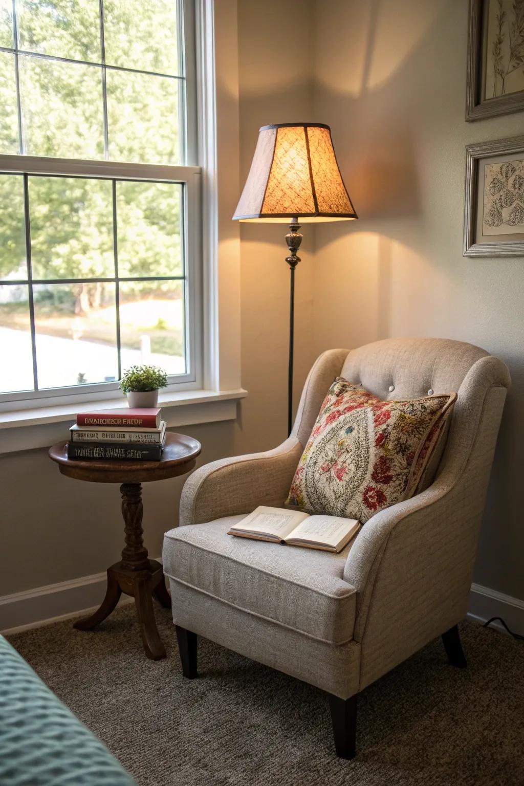 A perusing retreat transmutes a landing into a serene escape.