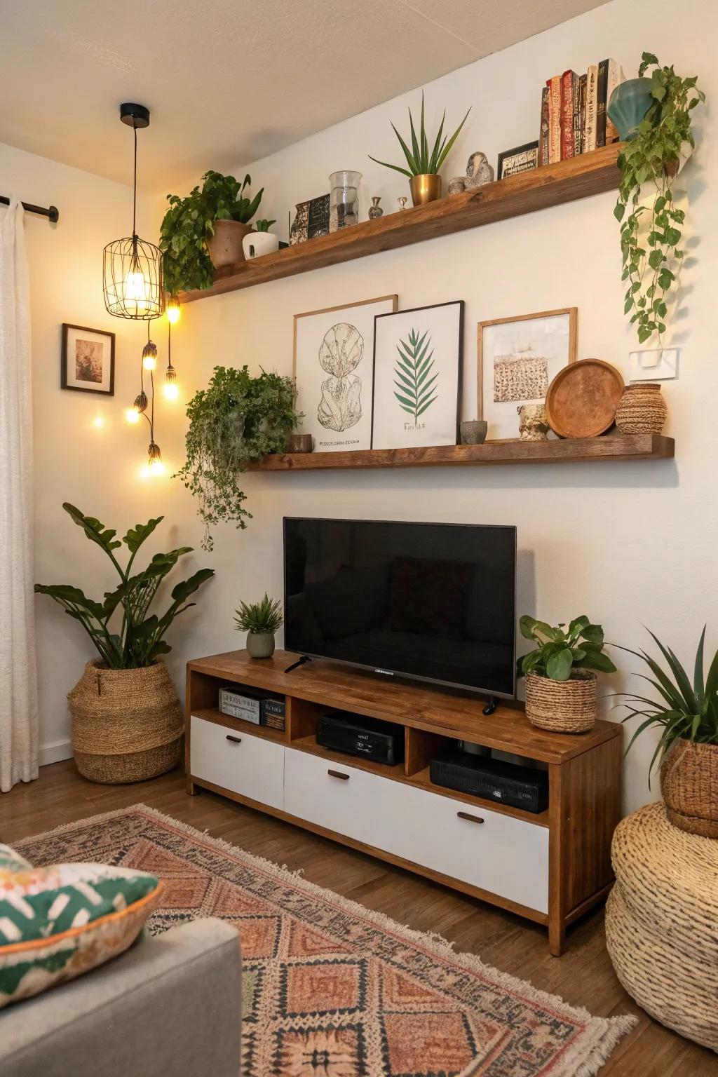 Floating shelves add decorations and storage without clutter.