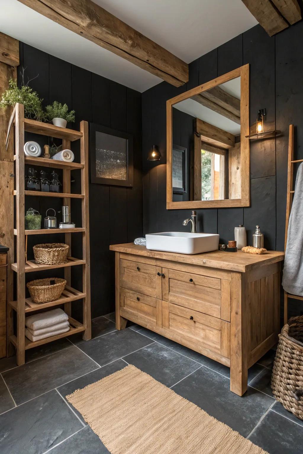 Contrasting colors create impact in a rustic bathroom.
